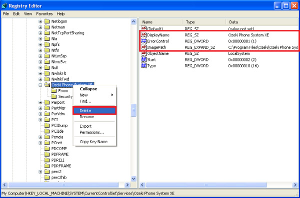 delete ozeki phone system service