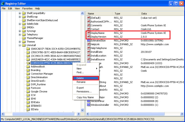 delete your uninstall subkey