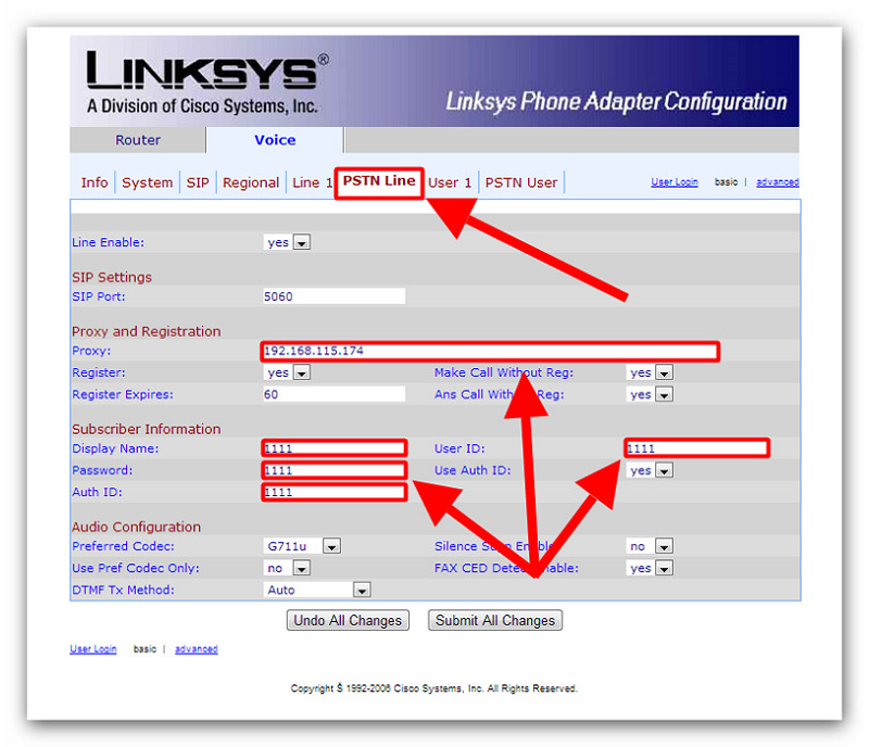 pstn configuration panel of linksys spa