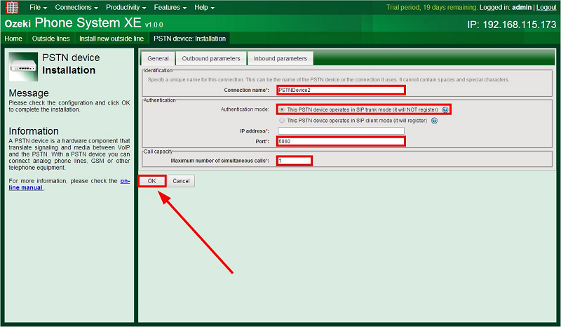 the configuration panel of the pstn device
