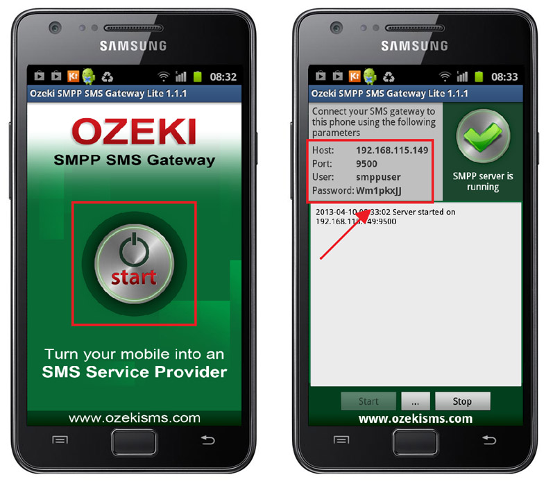 the ozeki android smpp sms gateway has been installed and launched successfully