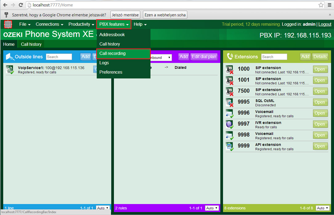 main page of ozeki phone system