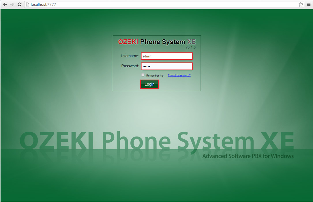 ozeki phone system login screen