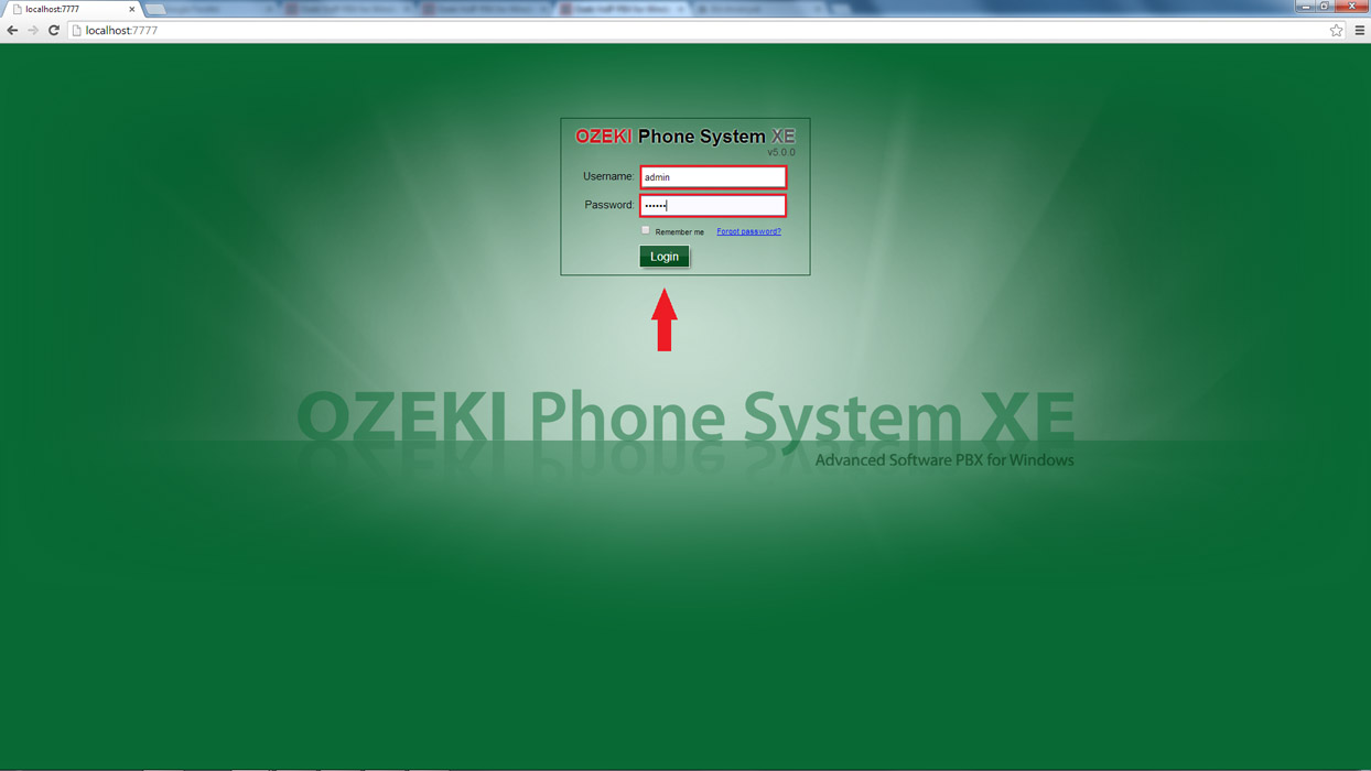 ozeki phone system login screen