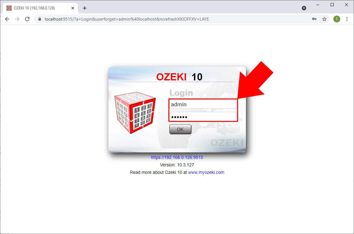 ozeki phone system login screen