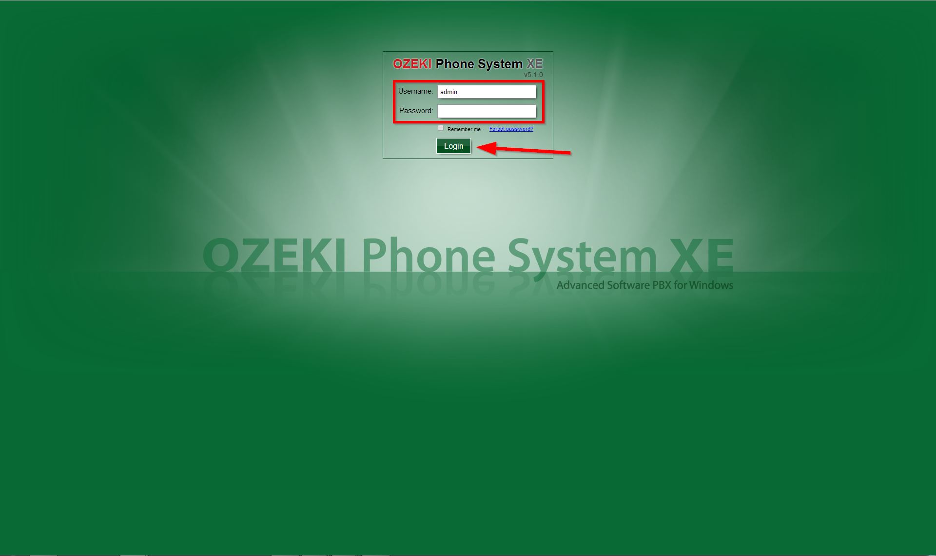 login screen of ozeki phone system