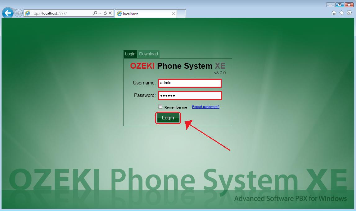 ozeki phone system login screen