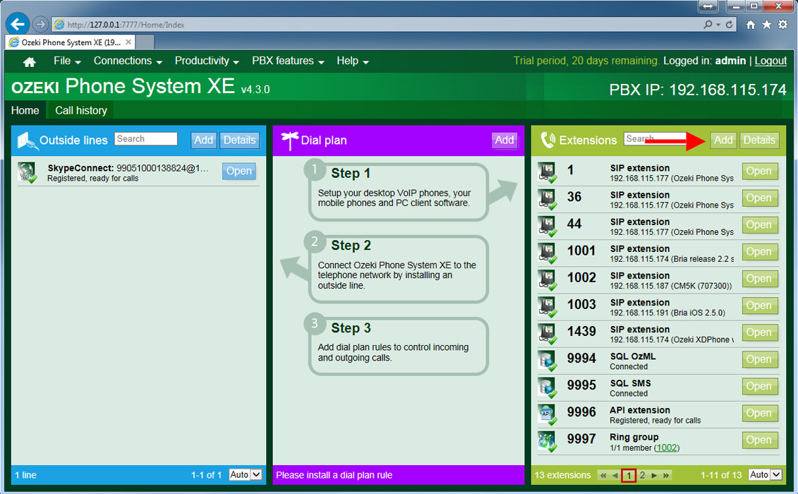 main screen of ozeki phone system