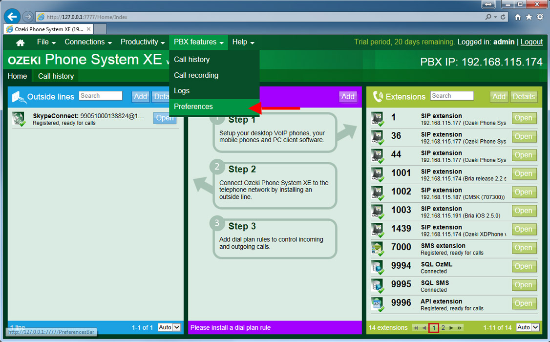 select pbx features in preferences menu