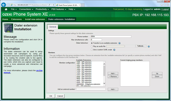 configure the dialer extension