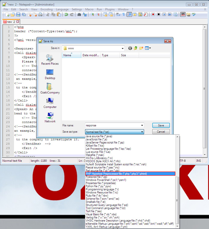 saving as php file