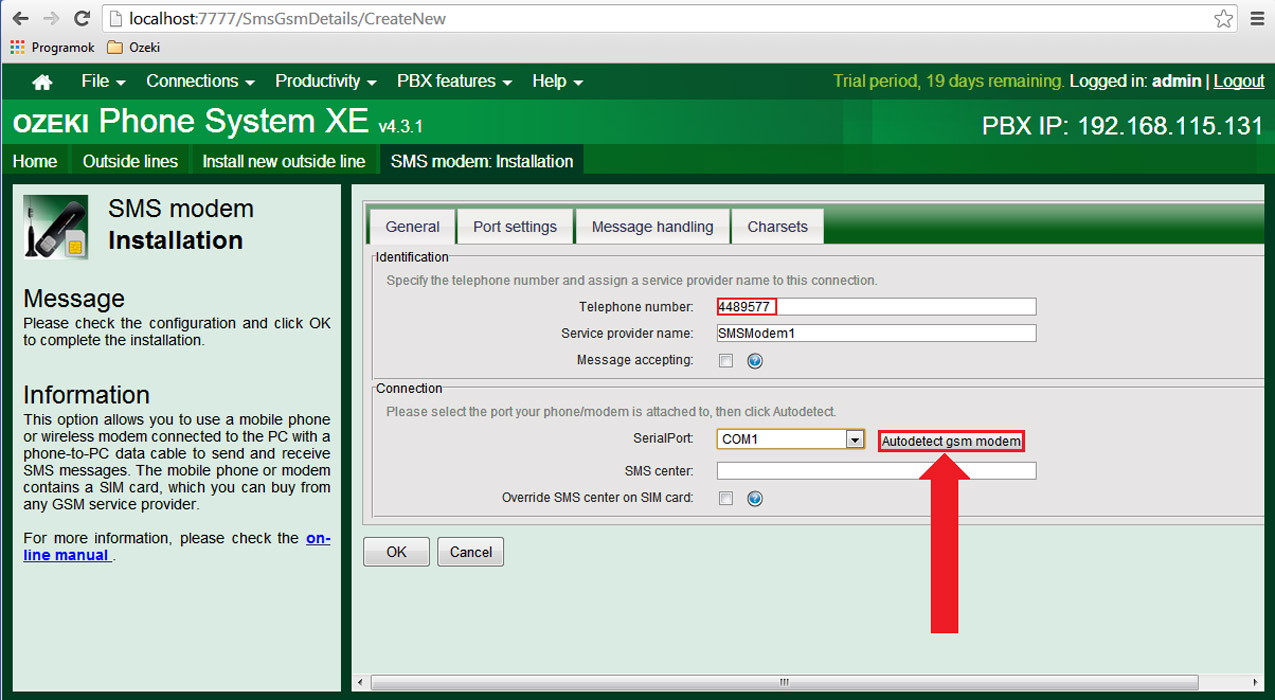 sms modem settings