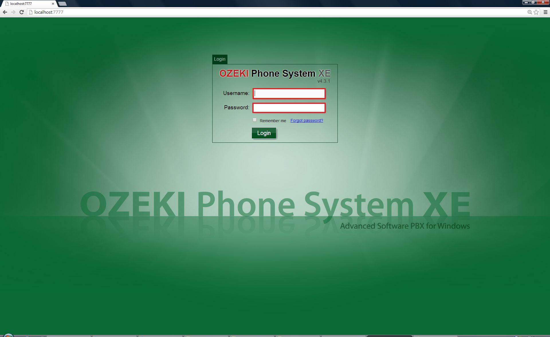 ozeki phone system login screen