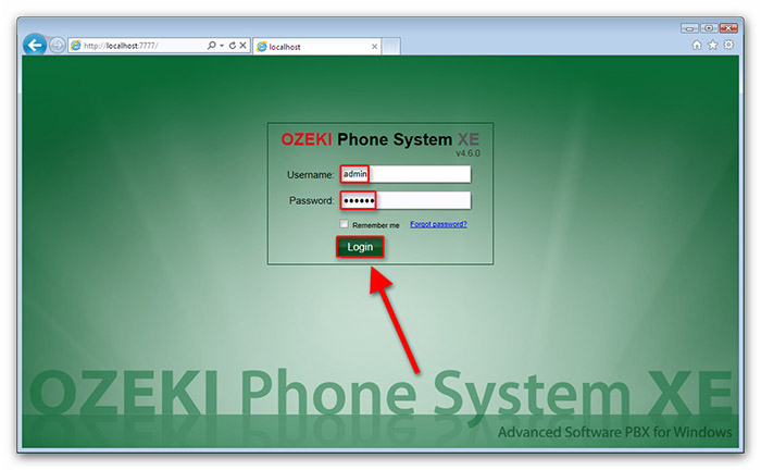 ozeki phone system login screen