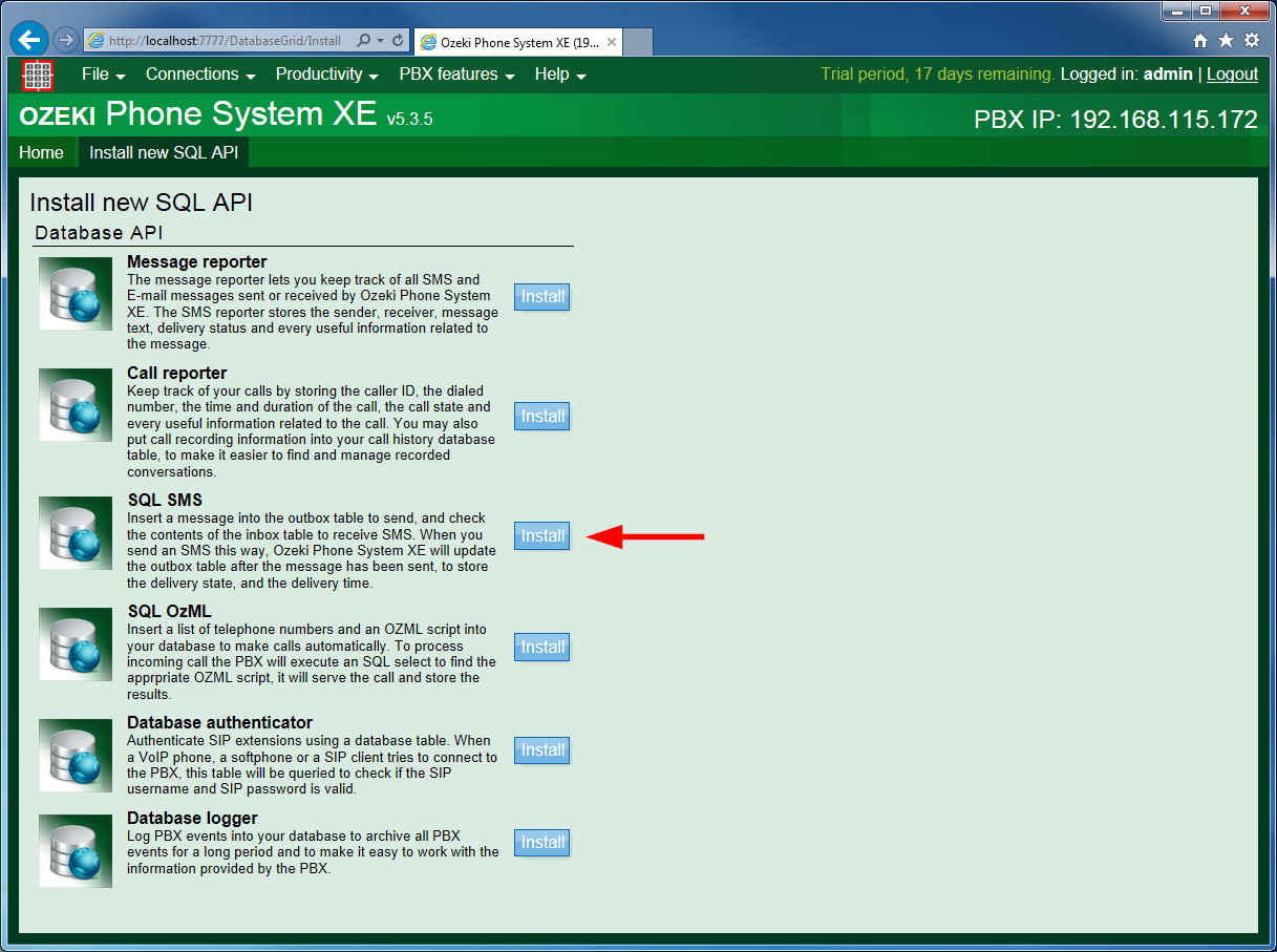 how to install sql sms in ozeki phone system