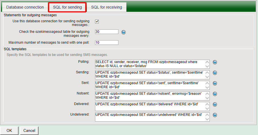 sql query for sending sms messages