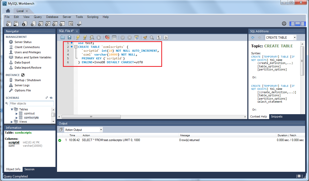 creating the ozmlscripts table