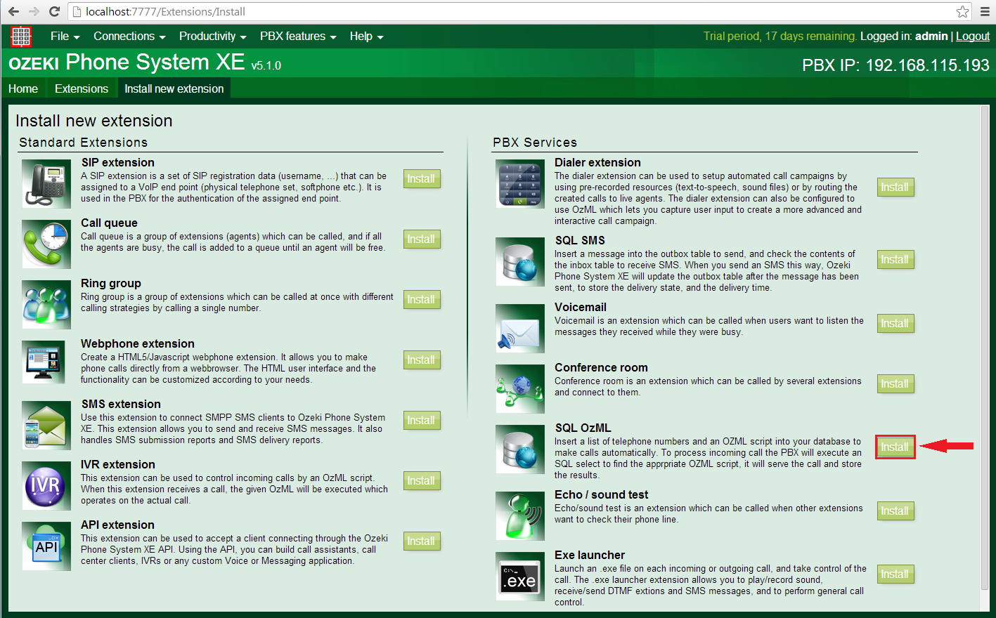 how to install extenstions in ozeki phone system
