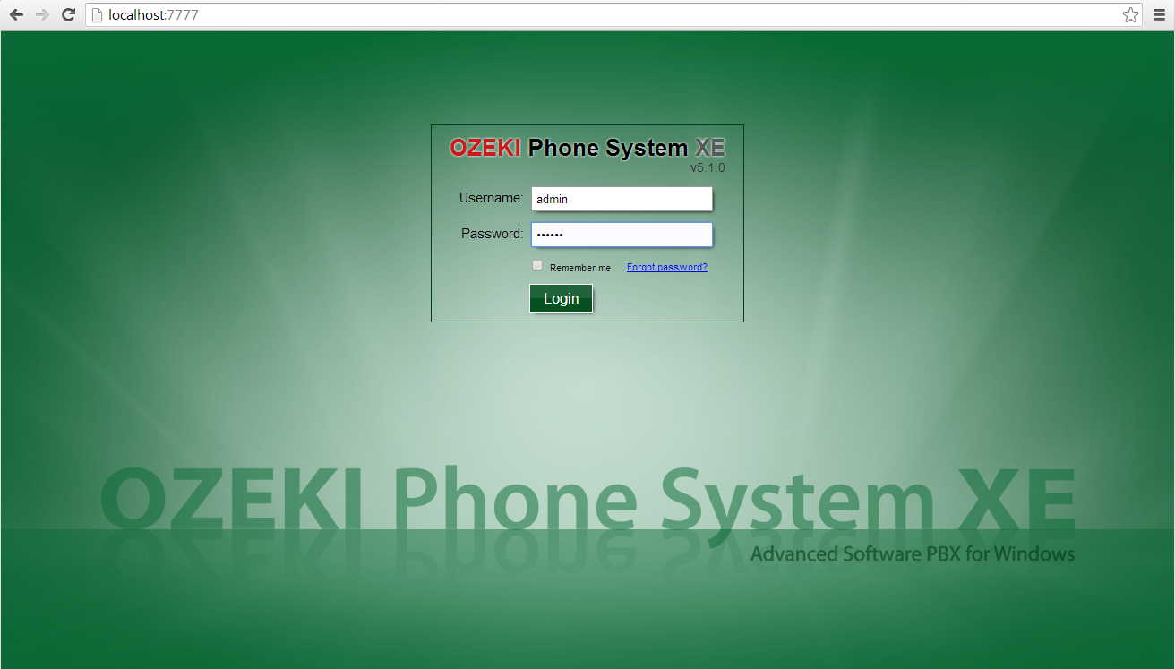 login page of ozeki phone system