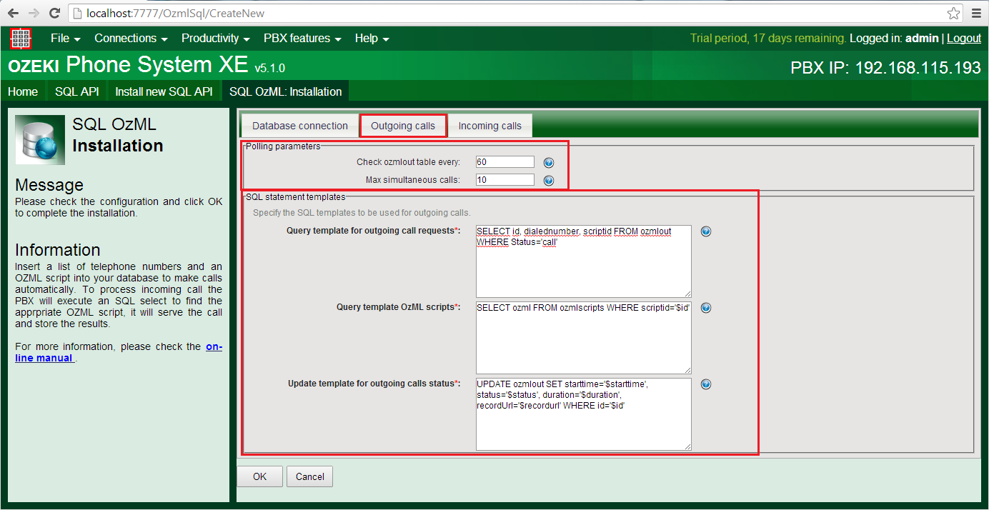 sql ozml outgoing calls