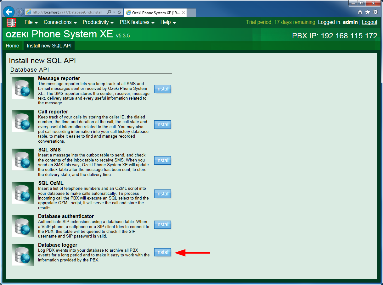 how to install database logger extension in ozeki phone system