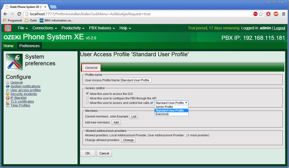 standard user profile settings